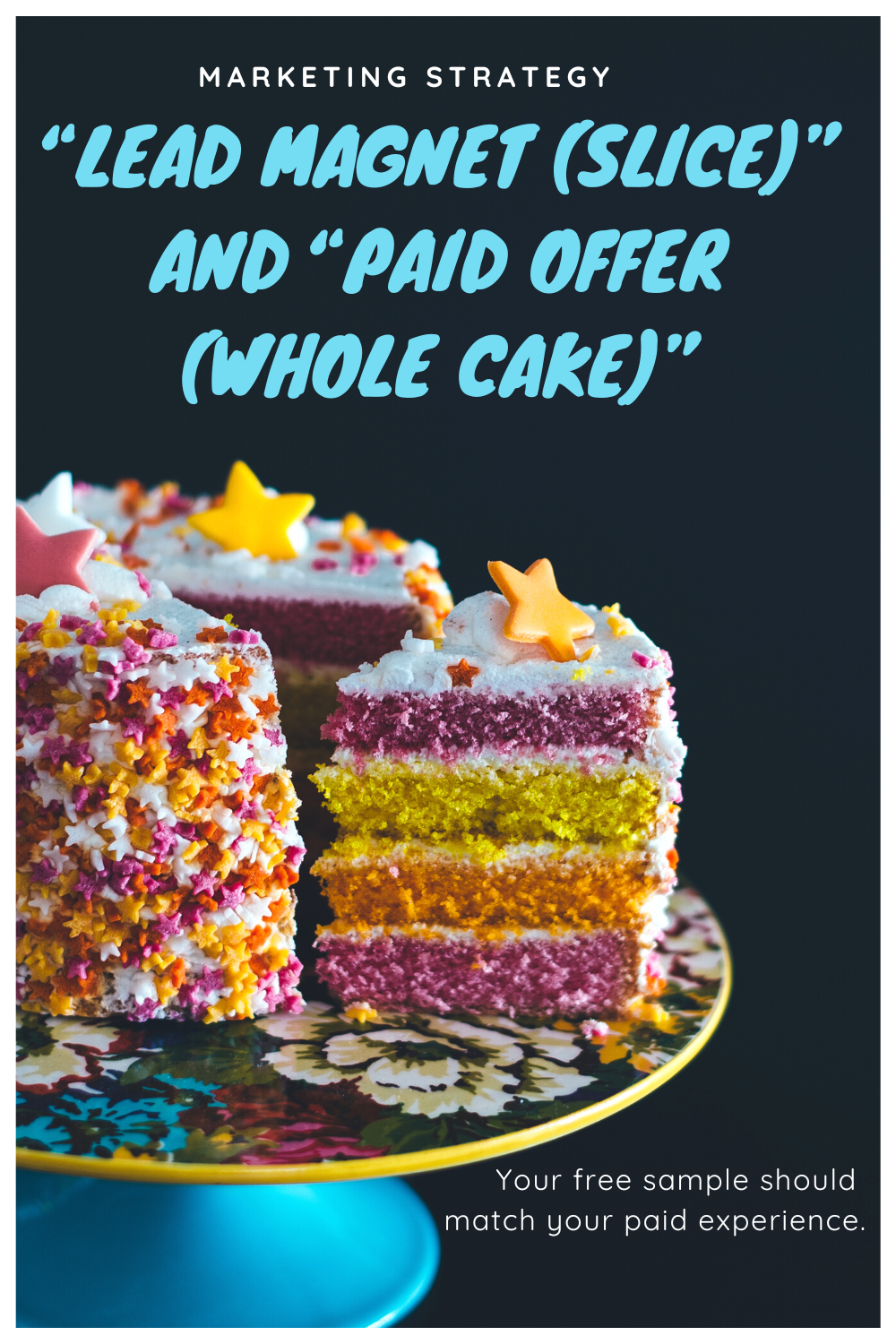 Colourful layered cake used as a marketing metaphor showing how a lead magnet should match the paid offer, illustrating the concept that your free content must align with your signature service to convert readers into clients.