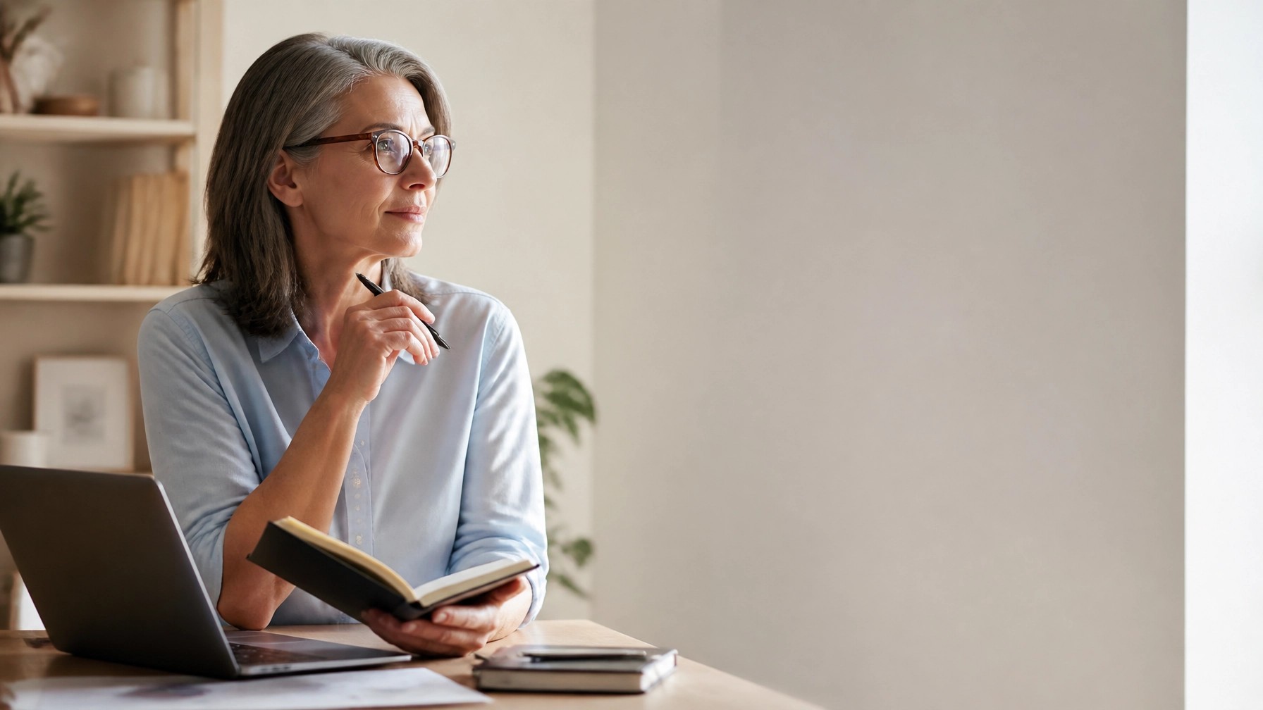 A mature woman holds an open journal and pauses thoughtfully beside her laptop.
