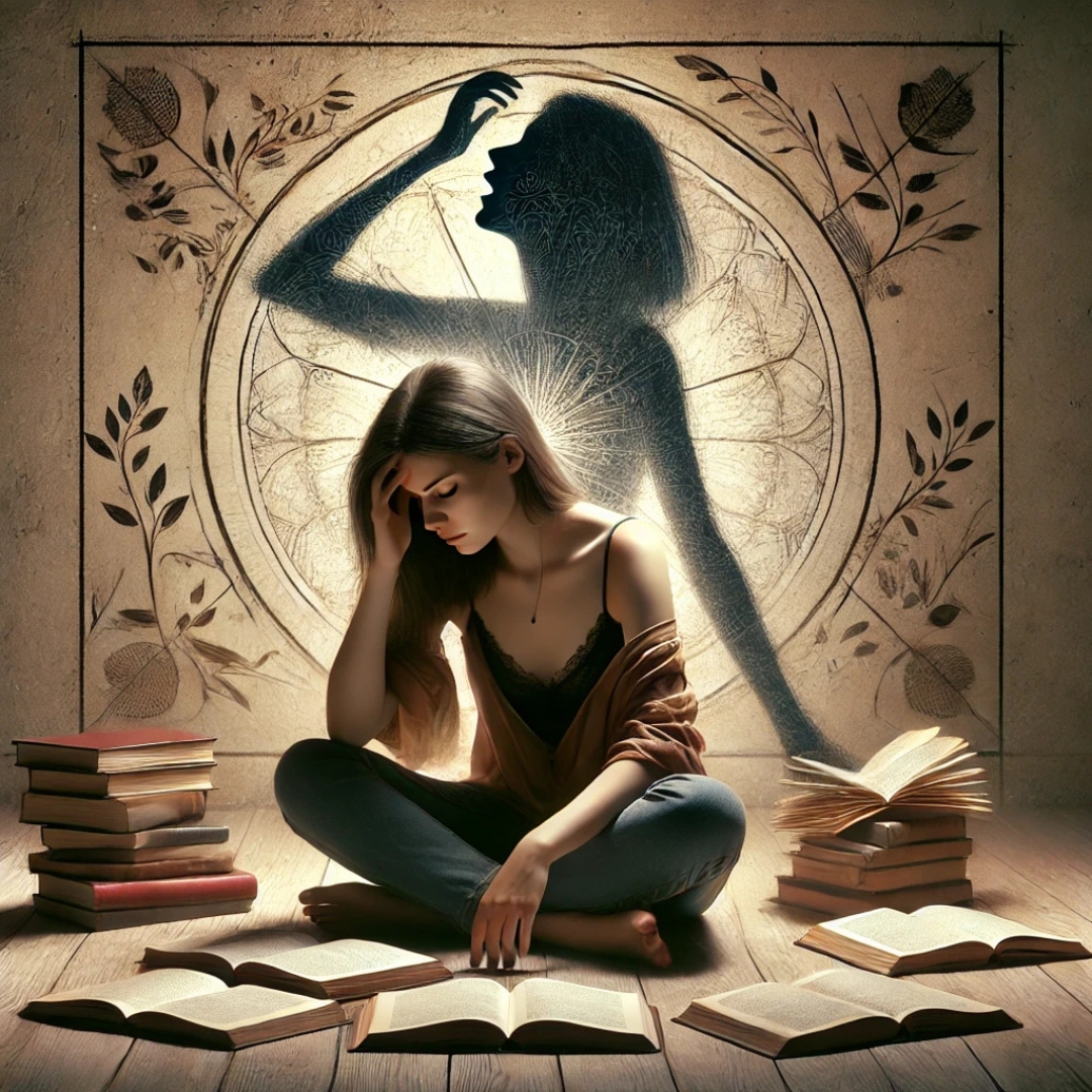 Femme en méditation entourée de livres, illustrant une blessure transgénérationnelle persistante malgré un travail personnel profond.