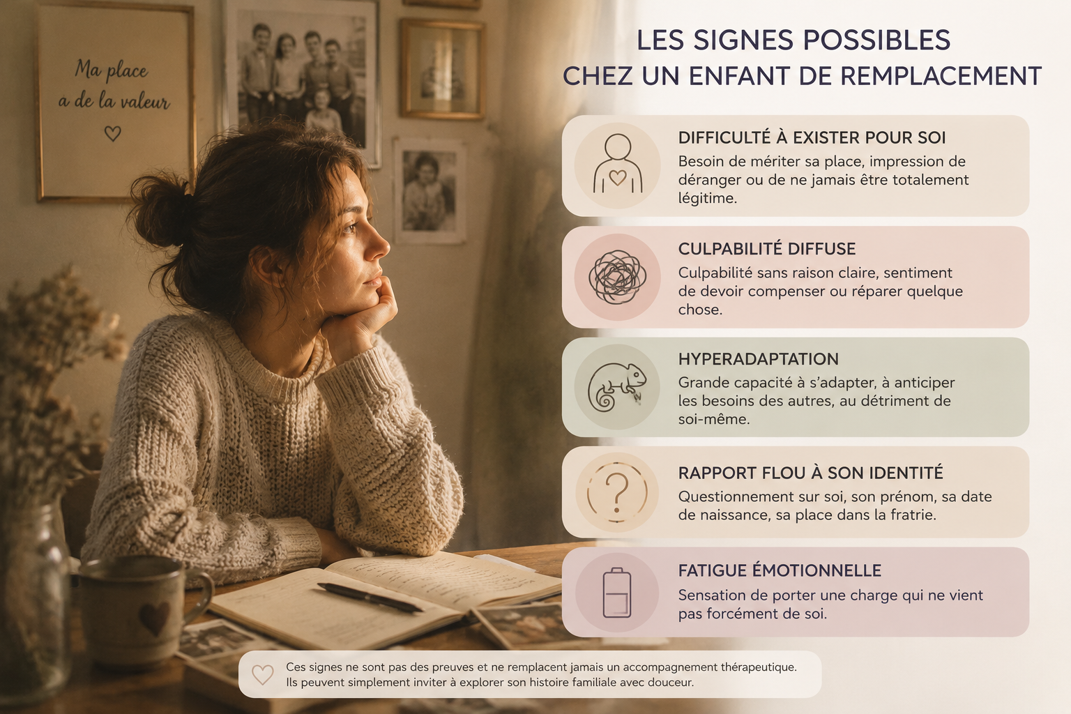 femme pensive devant des souvenirs familiaux et une liste de signes possibles liés à la place d’enfant de remplacement