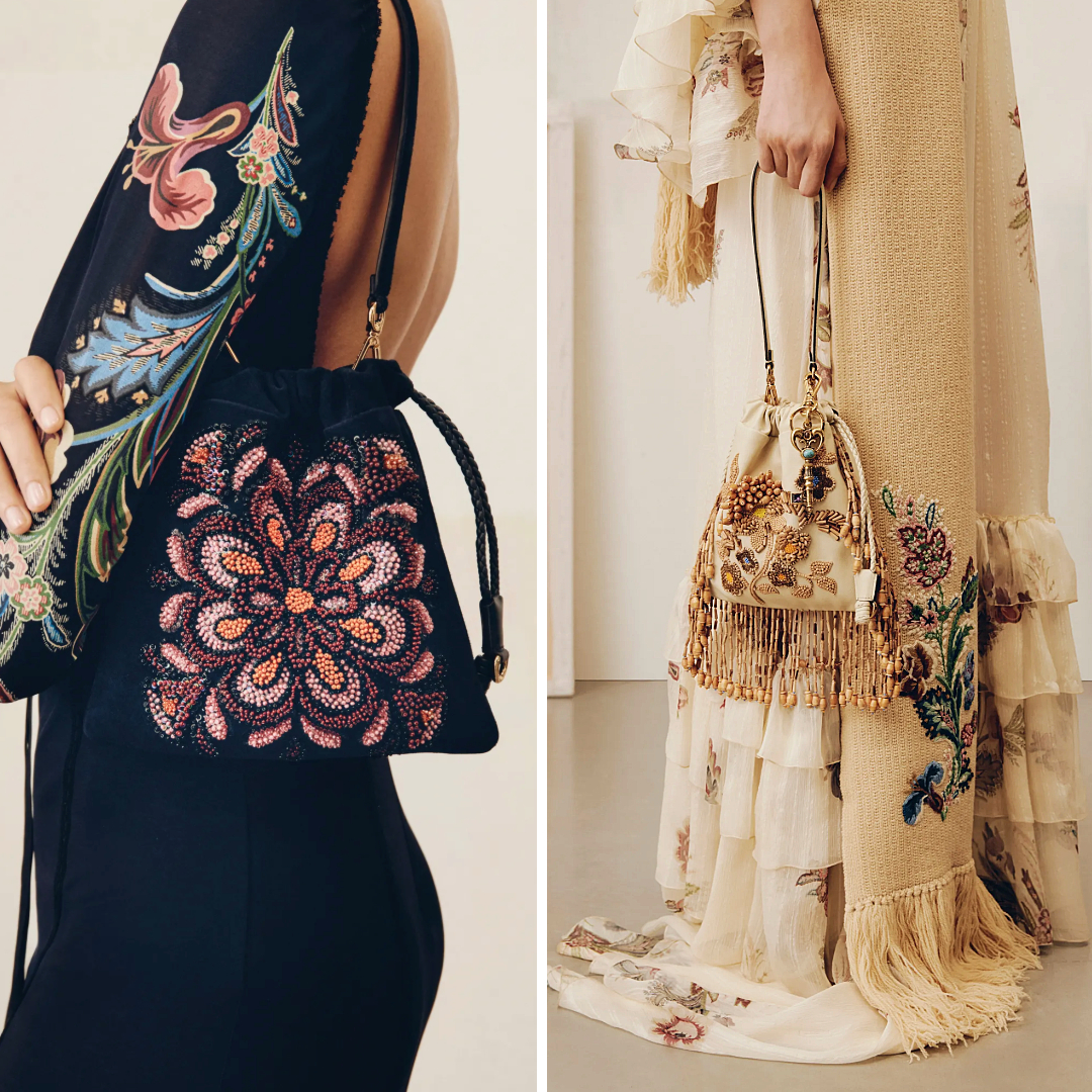 Etro’s Pre-Fall 2025 drawstring pouches, one in velvet with beaded florals and one in leather with embroidery and wooden bead fringe.