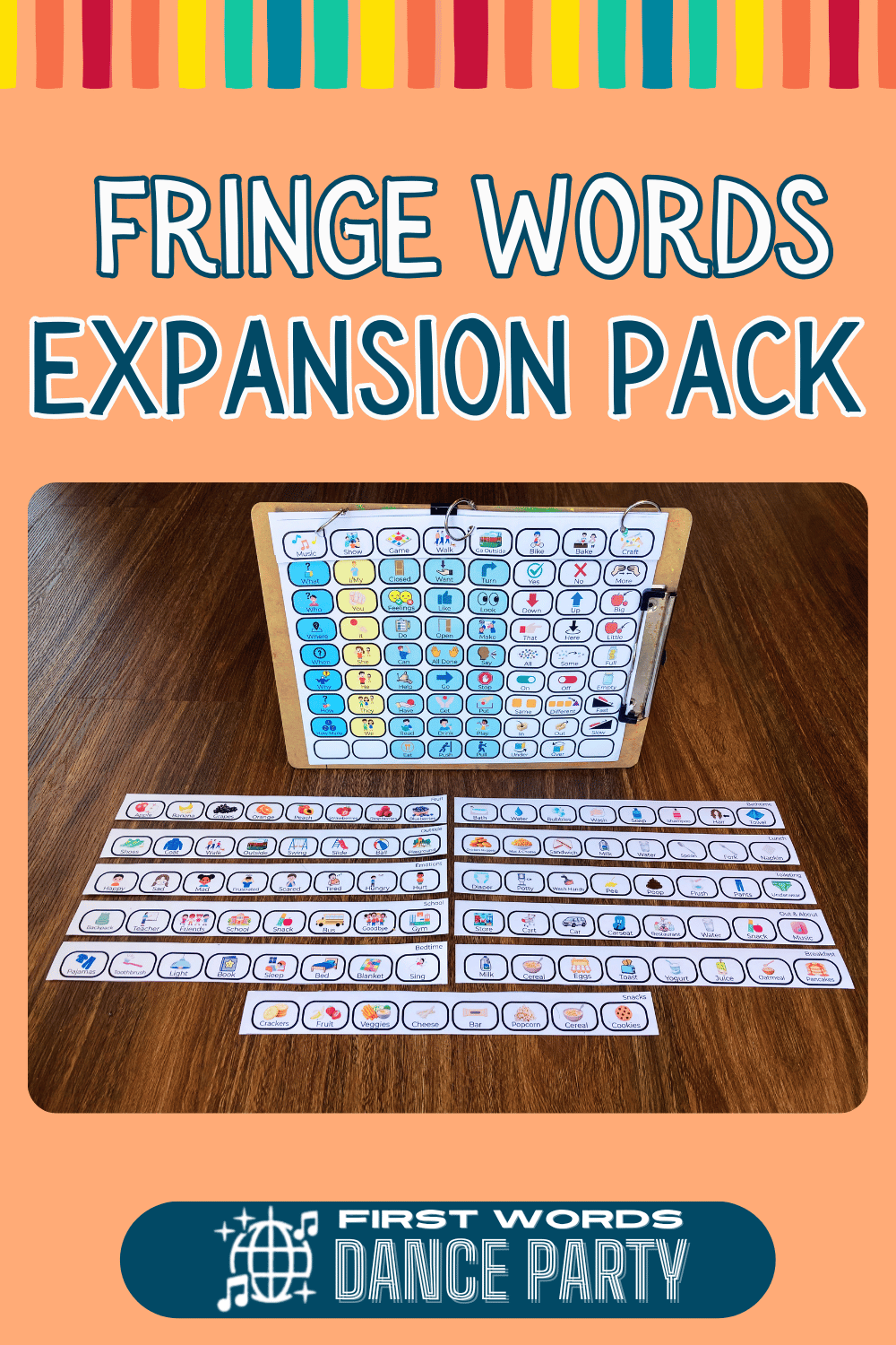  A coreboard with strips of fringe words that can be assembled on loose leaf rings for easily interchangeable fringe vocab.