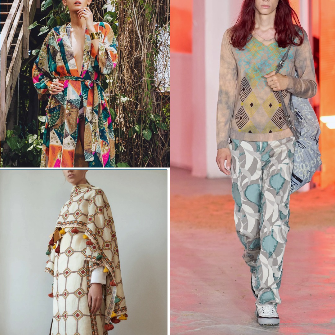 Collage showing Chufy Pre-Fall 2020 patchwork robe, Kiko Kostadinov Spring 2026 geometric knitwear, and Tory Burch Spring 2021 folk-inspired embroidered dress