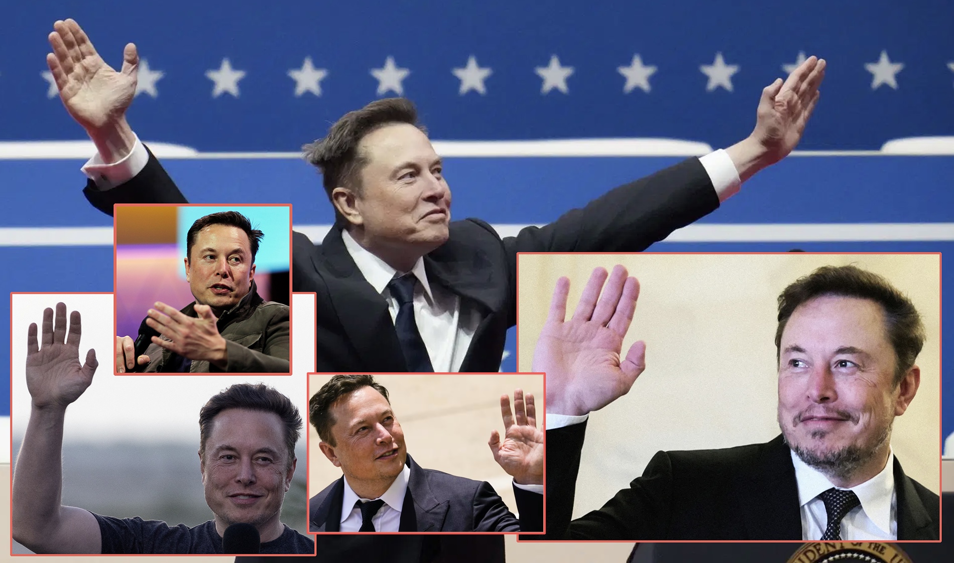A montage of images where Elon Mush has hands up with top section of thumb curled in