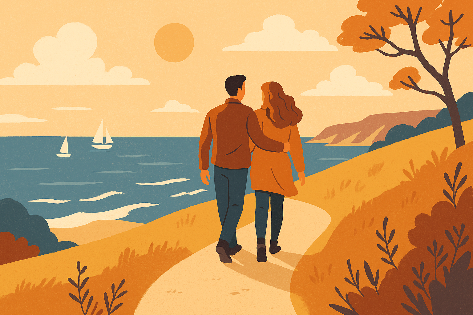 Illustration of a couple walking arm-in-arm along a coastal path with the sea, cliffs, and sailboats in the distance, evoking freedom and balance.