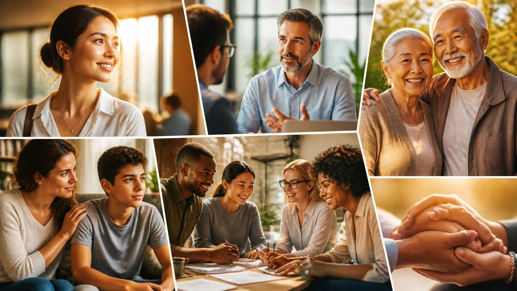 Diverse people across generations connecting through encouragement, learning, and support.