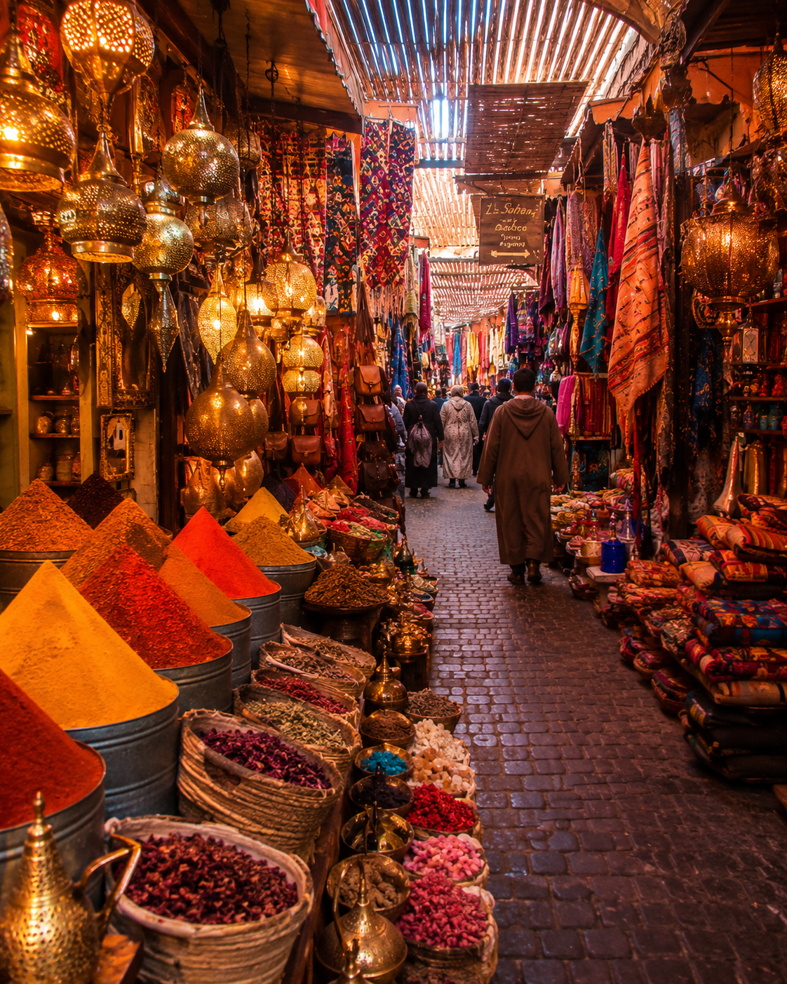 Vibrant souks of Marrakech medina with colorful spices, lanterns, and textiles