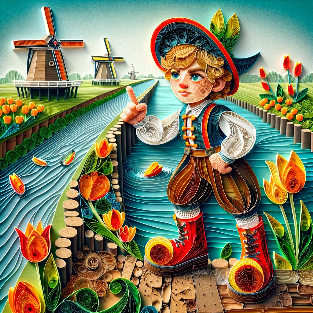Young boy standing in front of windmills and dike. Image in the style of paper quilling.