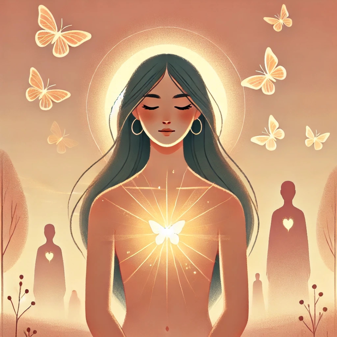 Femme sereine entourée de lumière et de papillons, symbolisant la dissolution d’un lien transgénérationnel toxique