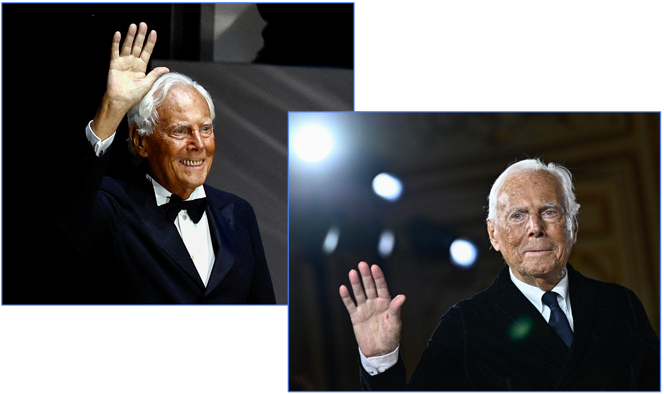 A montage of photos of Giorgio Armani showing the simian crease in his hand