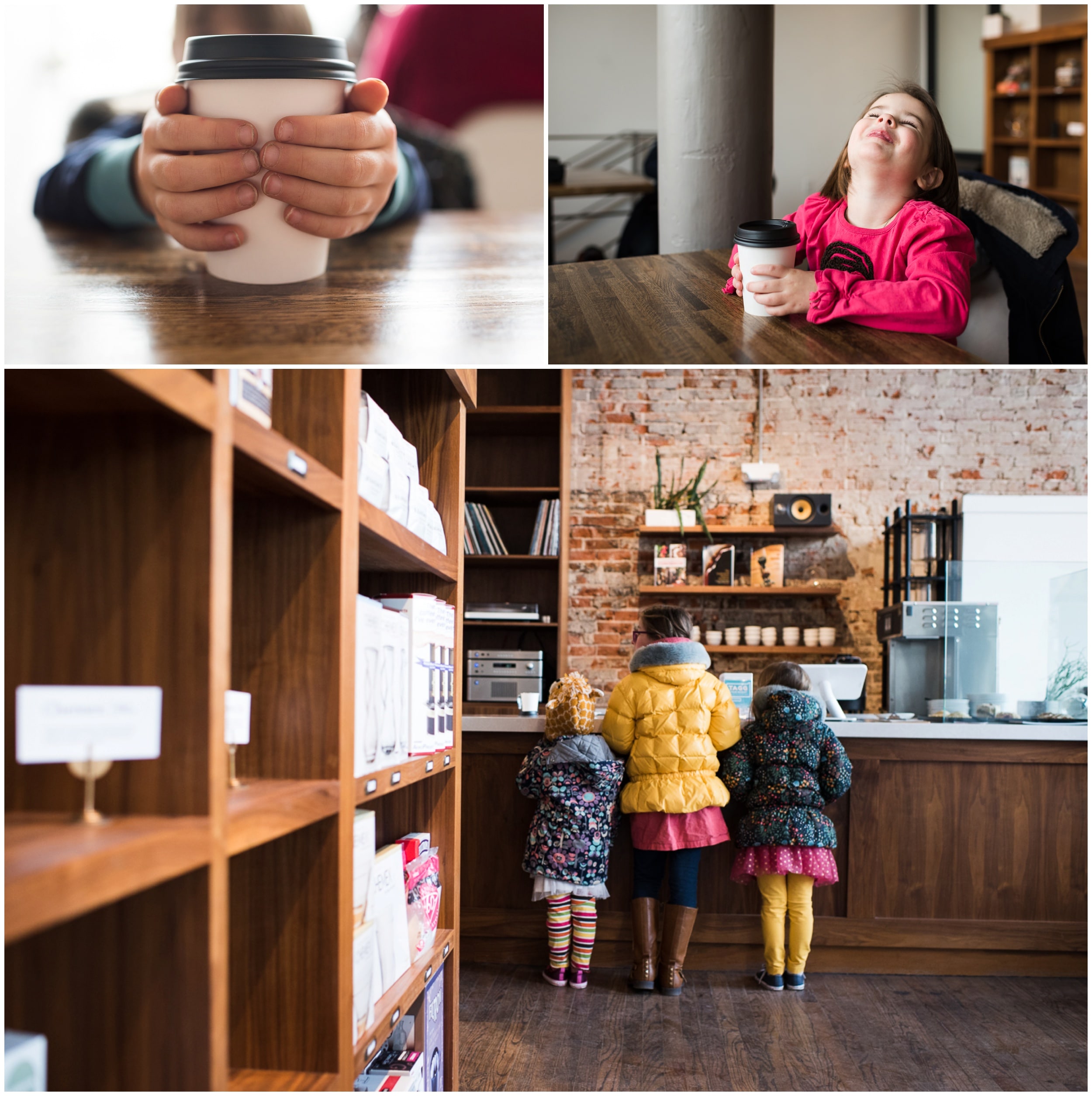 children enjoying hot coco at a coffee shop