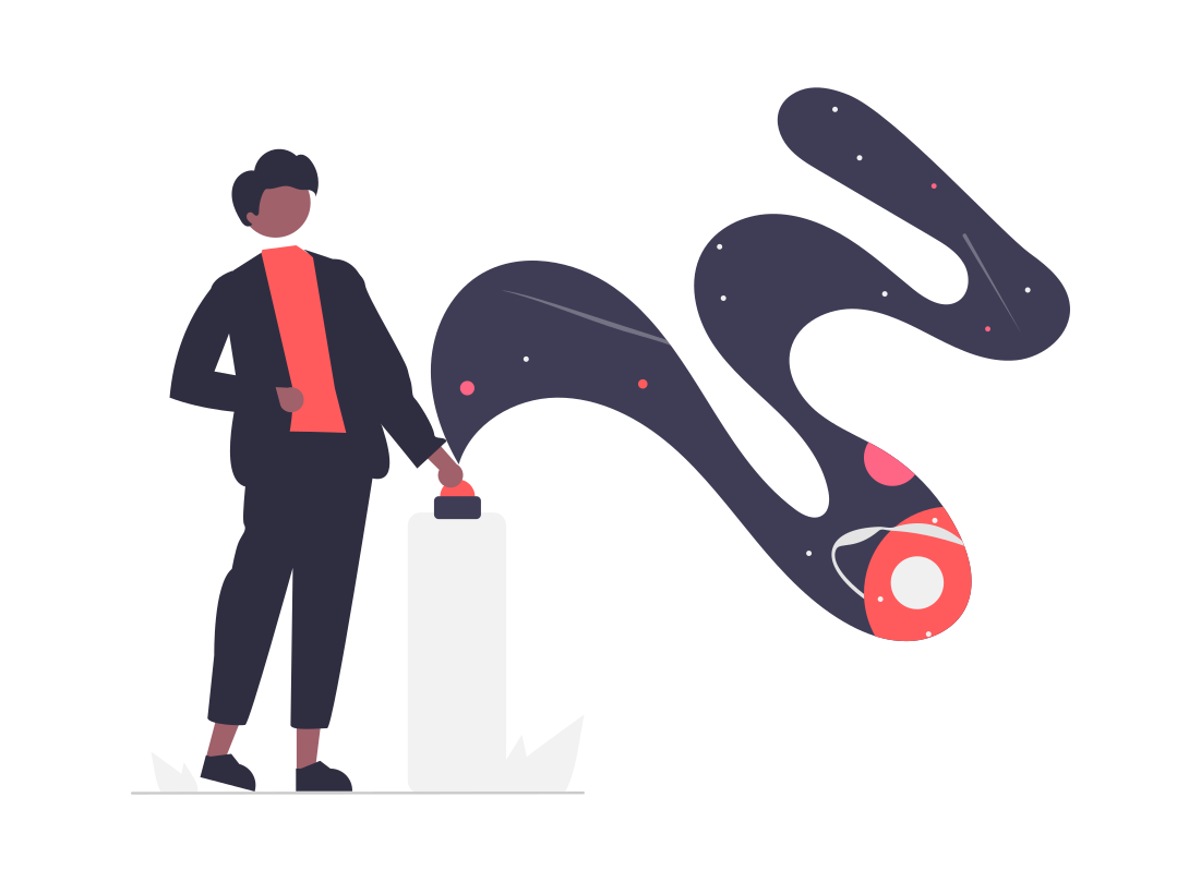An illustration of a person clicking on a button that reveals a complex universe