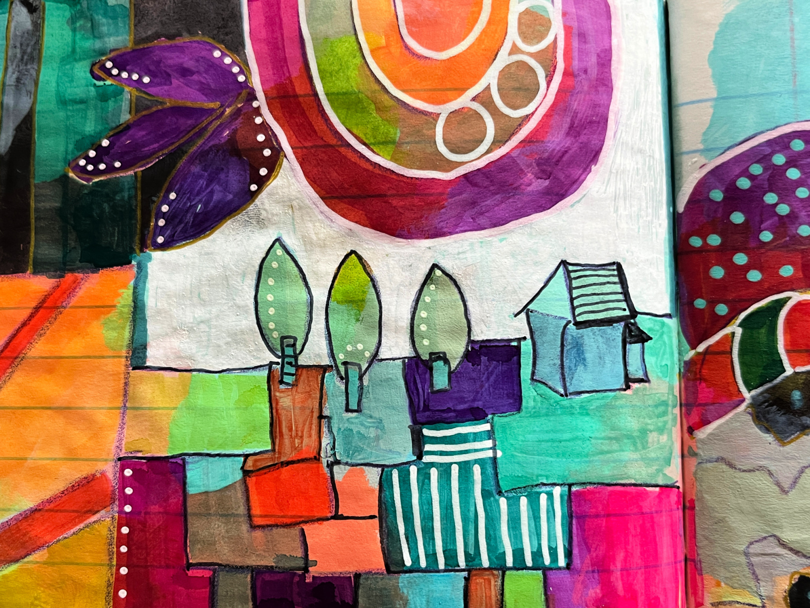 bright colored farmhouse with trees in art journal