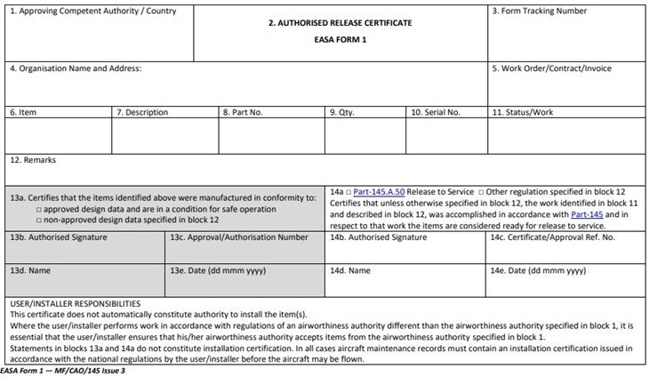EASA Form 1 template used for authorized release certification of aircraft components, showing standard fields for identification, status, and approval