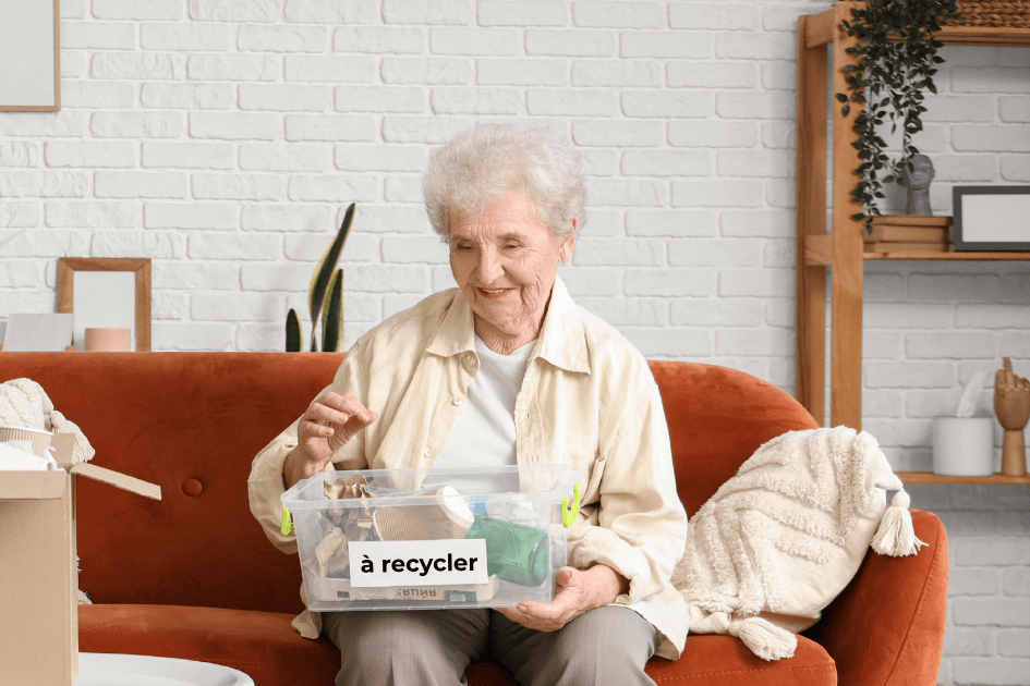 Femme âgée assise sur un canapé triant des objets dans une boîte marquée à recycler, démarche de tri et d’organisation à domicile.