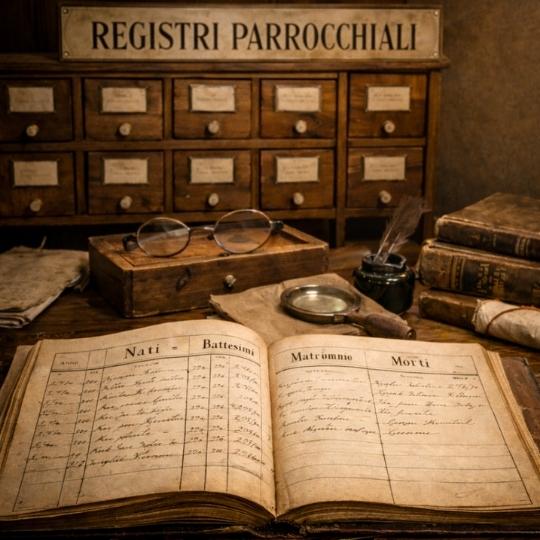 Registre paroissial ancien en Italie avec actes de baptême, mariage et décès pour une recherche d’ancêtres.