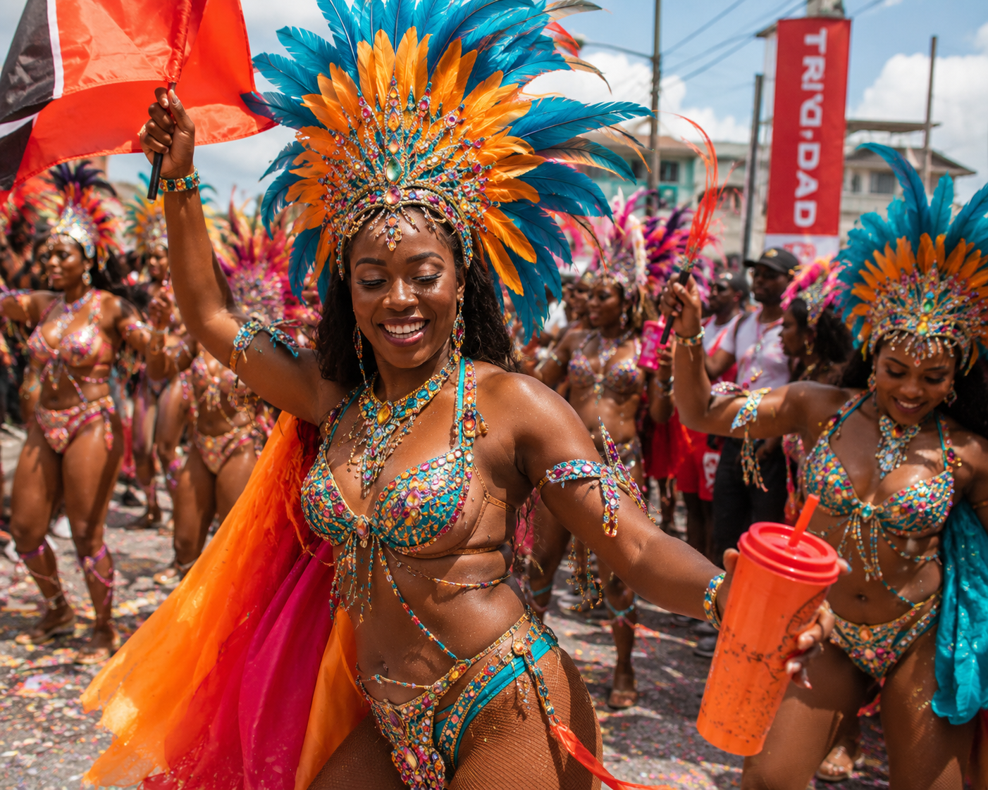 Women in colorful feathered costumes dancing in the streets during Carnival in Trinidad
