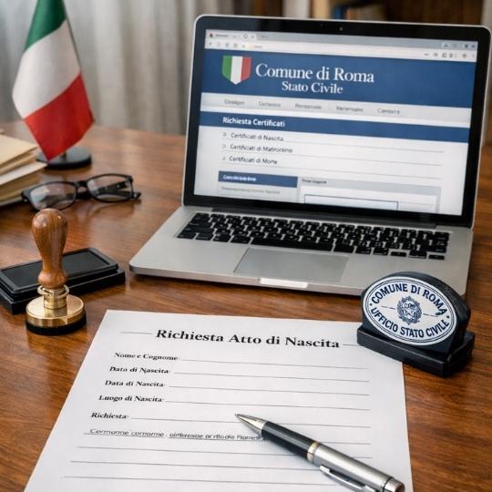 Demande d’acte de naissance auprès d’un comune italien avec formulaire et site officiel d’état civil affiché à l’écran.