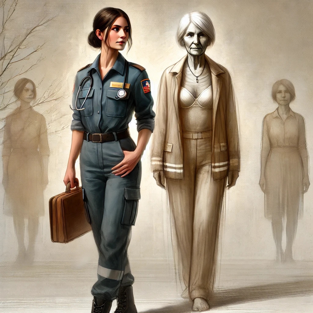 Femme moderne dans une tenue professionnelle accompagnée de la silhouette d’une ancêtre, illustrant la transmission transgénérationnelle dans le choix de métier