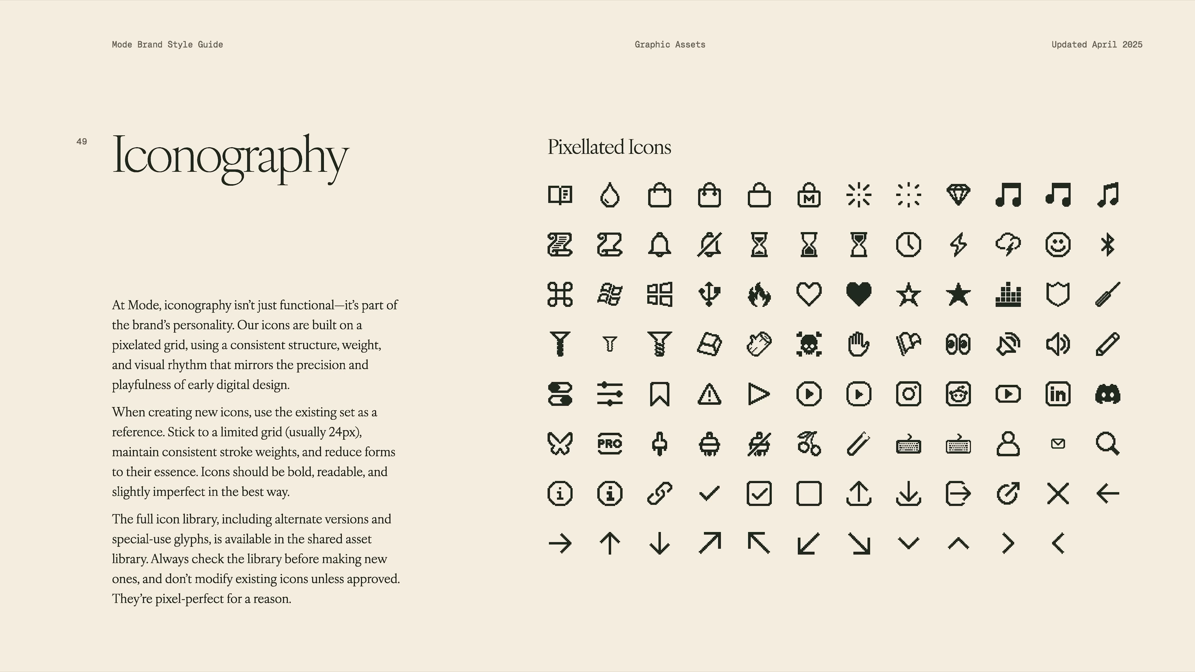 A detailed look at the custom pixelated icon set being developed for Mode during their brand overhaul. Captured during the “Building a Brand – Redesigning a Business Start to Finish” video, this frame shows how the design team systematizes visual language for the new brand identity, ensuring playful consistency across digital and physical touchpoints.