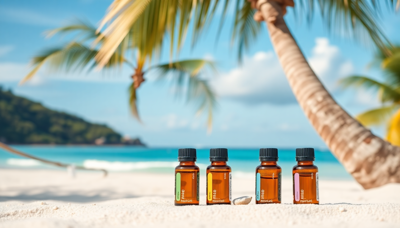 beach with palm trees and 4 amber essential oil bottles