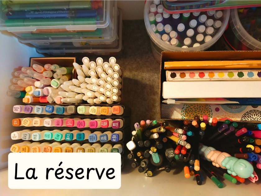 Visuel d'une réserve de feutres, crayons de couleur, gommes, colle dans un tiroir