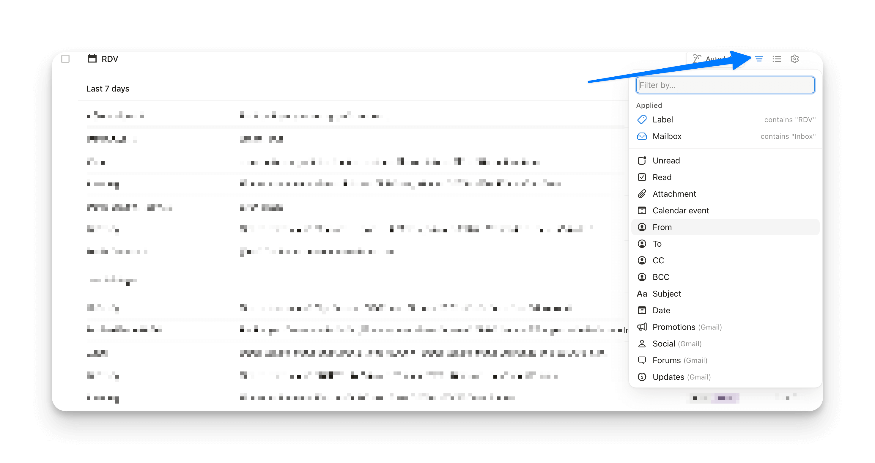 Les différents filtres que tu peux ajouter sur les vues de Notion Mail