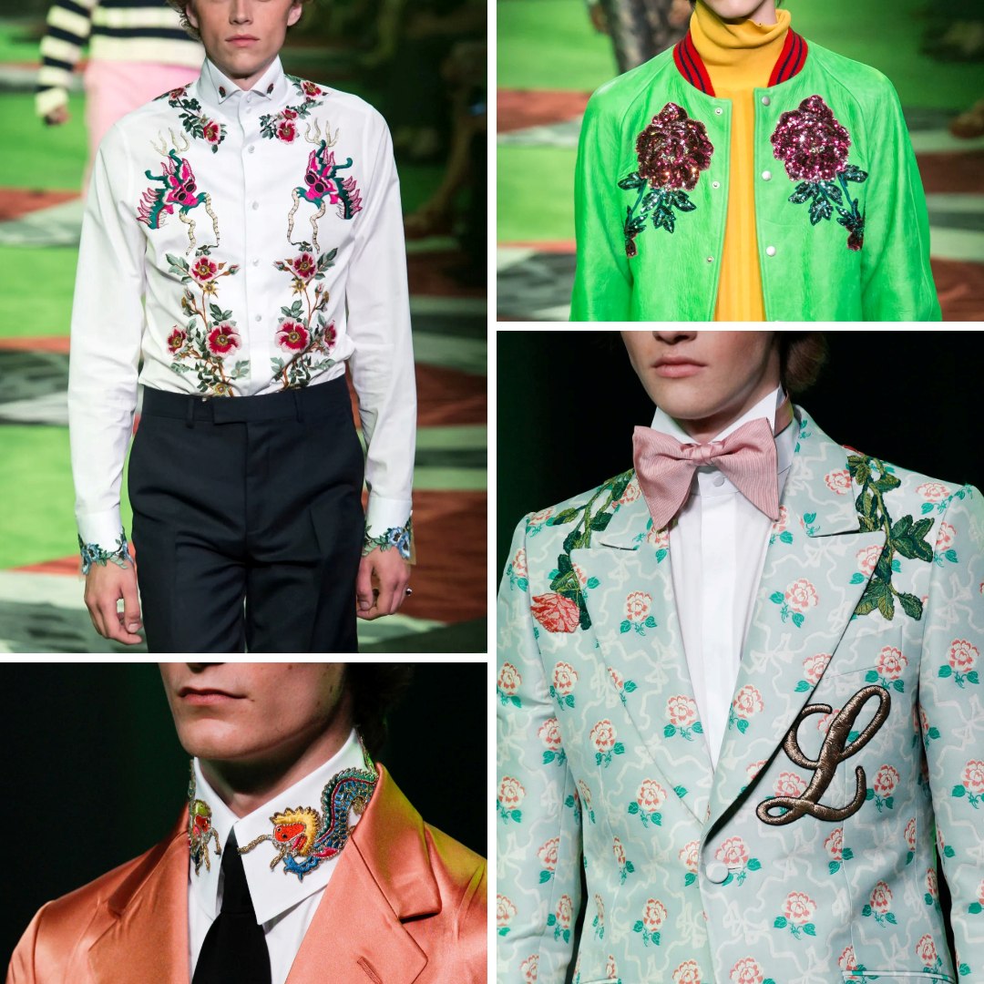 Gucci menswear collection featuring vibrant embroidery. Top left: A white shirt adorned with intricate floral and mythical creature embroidery. Top right: A bright green Gucci jacket embellished with sequin-embroidered floral motifs. Bottom left: A peach satin blazer with a close-up of a dragon embroidered on the collar. Bottom right: A pastel floral-patterned blazer with embroidered roses and a monogrammed 'L,' styled with a pink bow tie