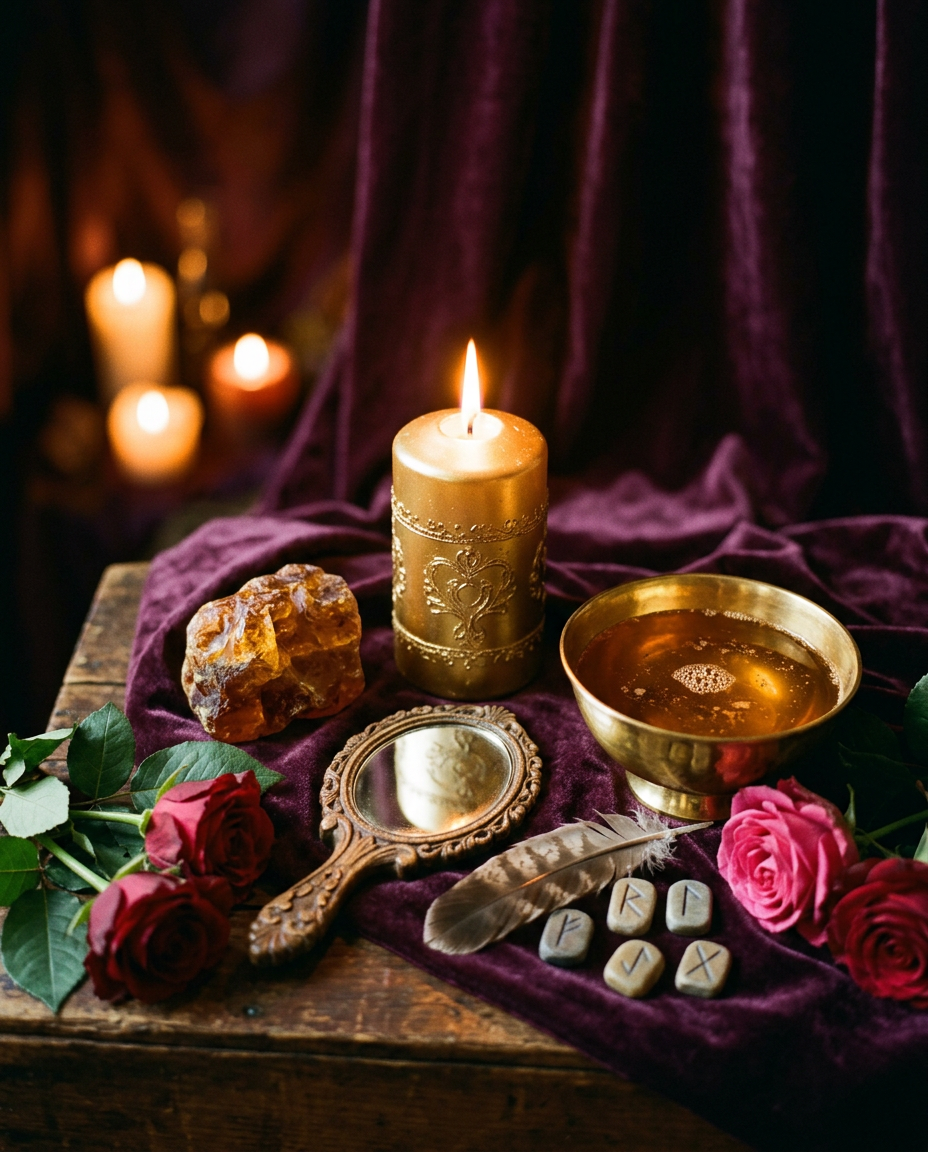A ritual altar setting on dark purple velvet fabric over a rustic wooden table. In the center, a tall, intricately carved gold pillar candle burns with a bright flame. To the right is a small golden bowl filled with amber-colored liquid. To the left rests a large, raw piece of golden amber. In the foreground, an ornate vintage hand mirror lies face-up alongside a striped feather, pink and red rose blossoms, and five small stone runes. Softly blurred candles glow in the dark background.