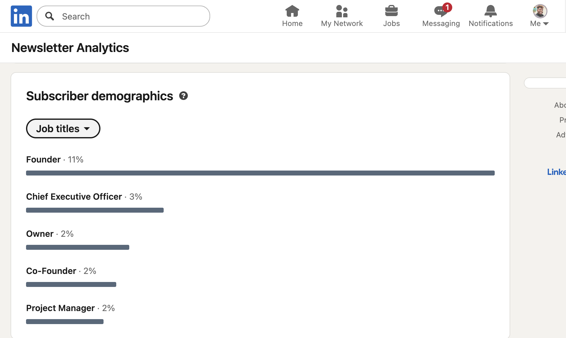 LinkedIn newsletter analytics subscriber demographics showing job titles and seniority data