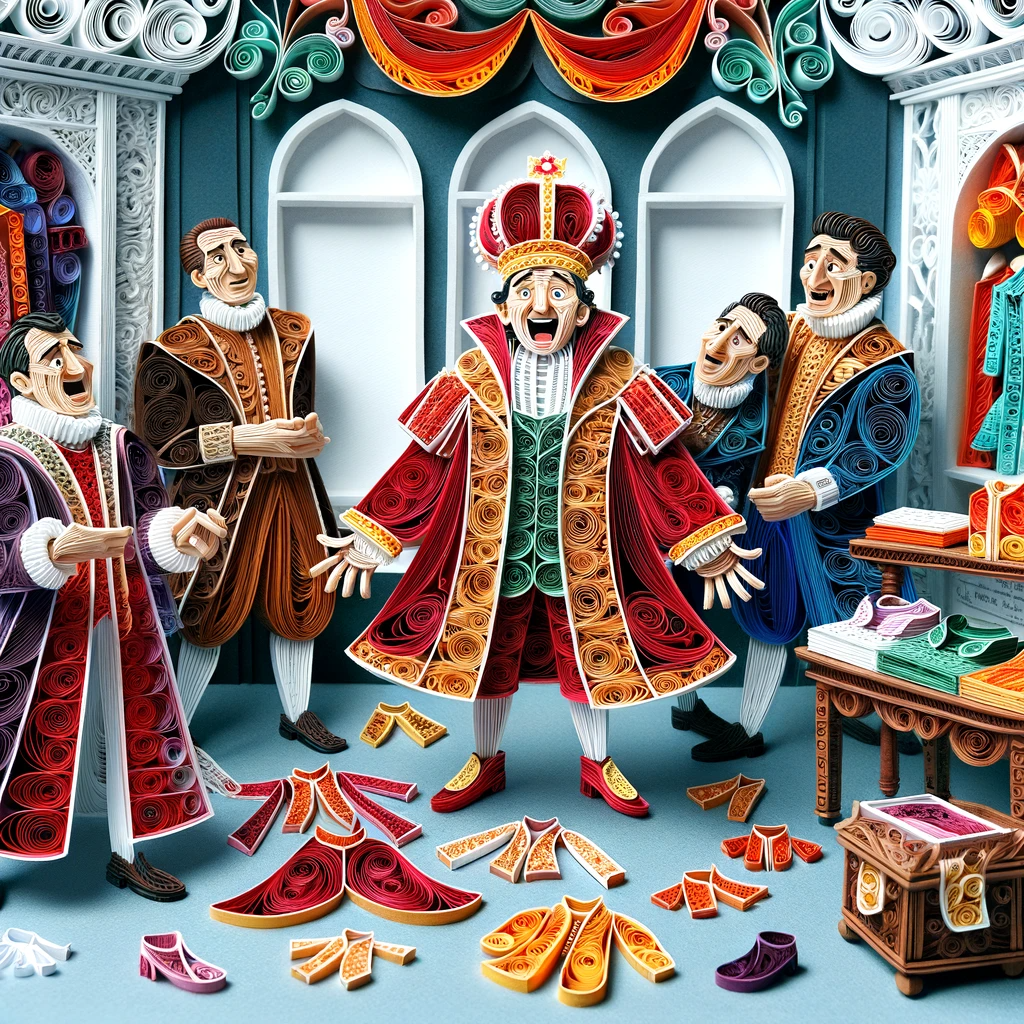 King standing in dressing room. Image in the style of paper quilling.