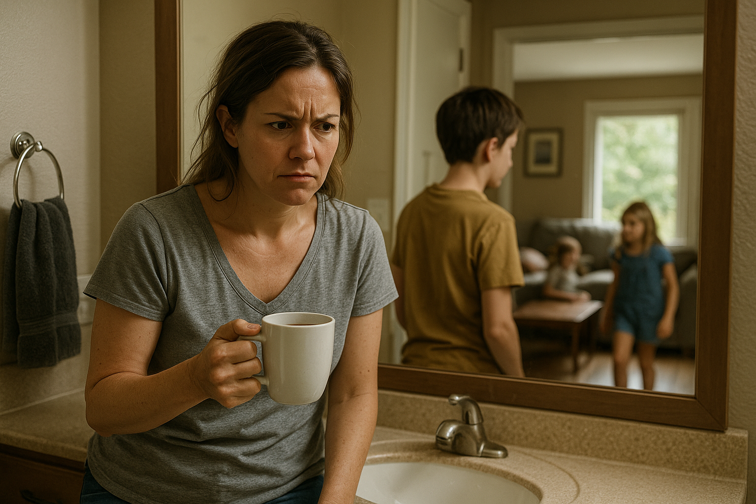 Parent with coffee cup, visibly frustrated, watching kids ignore instructions—a relatable moment for many parents.