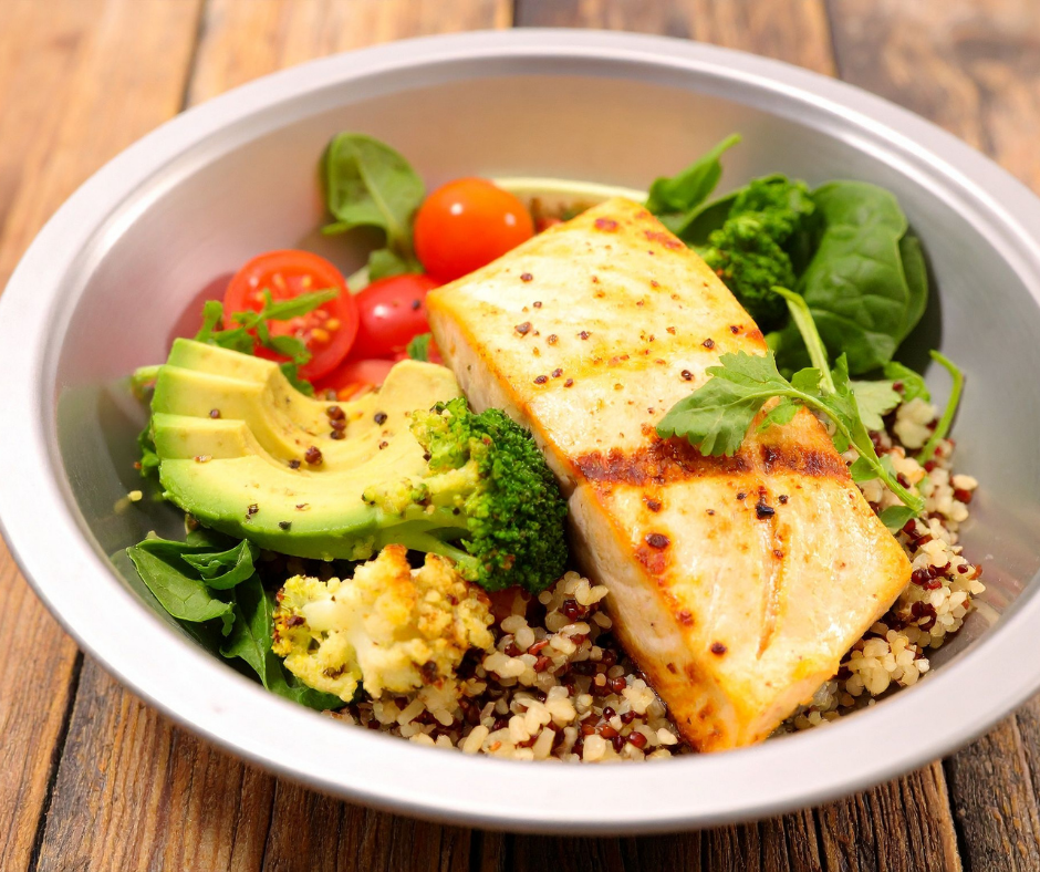 Balanced meal with salmon, avocado, and quinoa