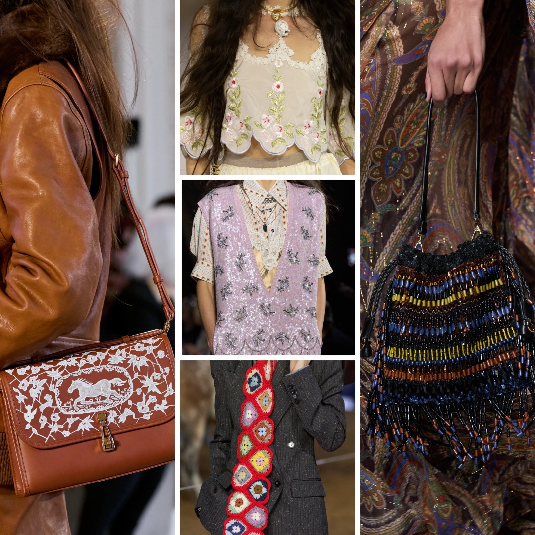 Fall/Winter 2026 Boho Revival examples featuring floral embroidery, crochet, lace, beadwork, fringe and richly decorated accessories