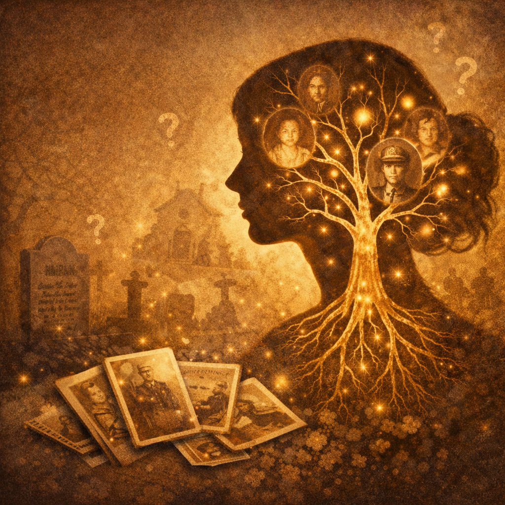 Silhouette féminine avec un arbre de vie enraciné dans la tête, montrant des portraits d’ancêtres et des cartes anciennes liées à la mémoire transgénérationnelle.