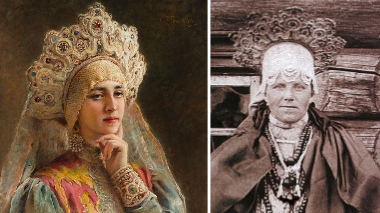 A comparison of two representations of Pinezhsky pearl diadems. On the left, a painting by Konstantin Makovsky depicting a bride adorned with an elaborate wedding diadem. On the right, a 1927 photograph of a bride from Vaymusha village, Pinezhsky district, wearing a traditional pearl diadem as part of her wedding attire
