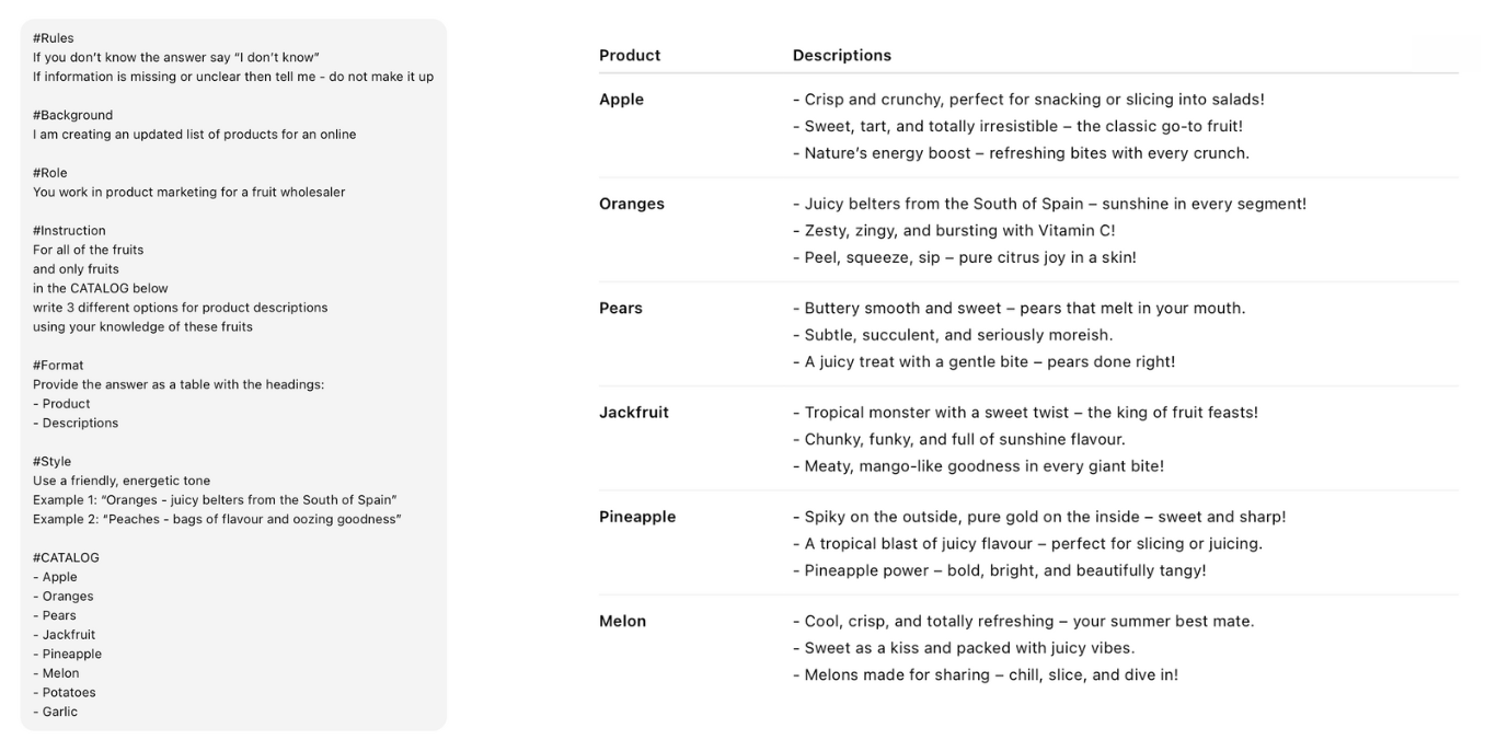 A clean, well-structured prompt on screen with a "perfect" AI output next to it