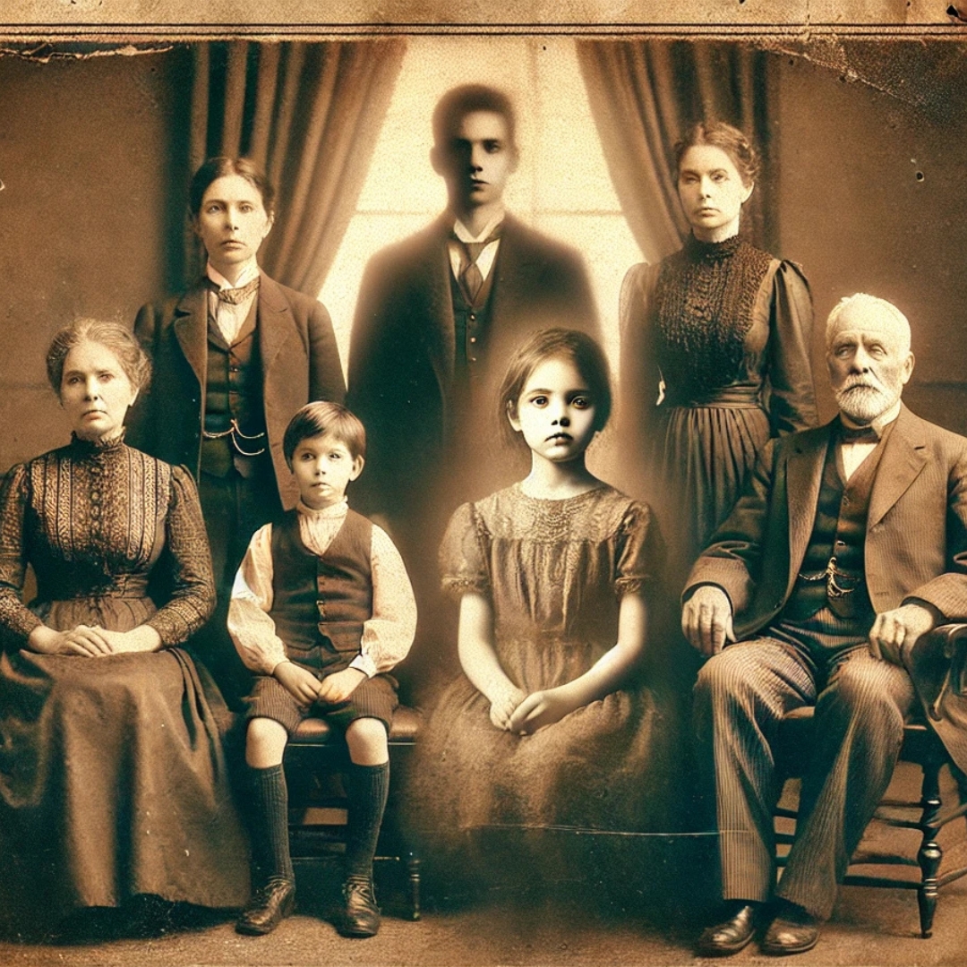 Portrait de famille ancien en sépia avec un personnage isolé, illustrant la mémoire familiale et la honte transgénérationnelle