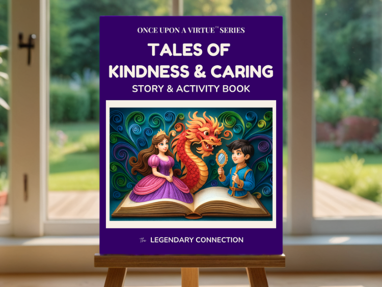 Book Once Upon A Virtue: Tales of Kindness & Caring sitting on a table in front of a sunlit window..