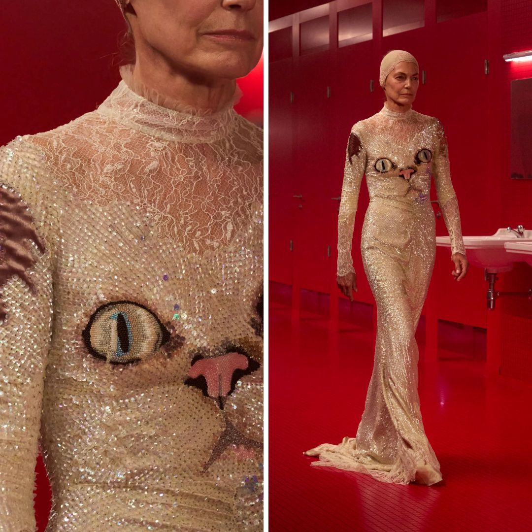 Beaded cat motif dress from Valentino Fall 2025, with full sequin embroidery and lace sleeves, featuring expressive beadwork eyes and facial details.