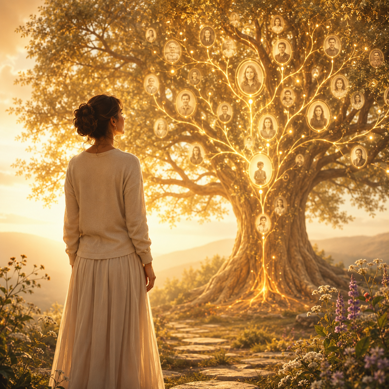 Femme debout dans une lumière douce devant un arbre familial symbolisant le fait de retrouver sa place après une mémoire d’enfant de remplacement