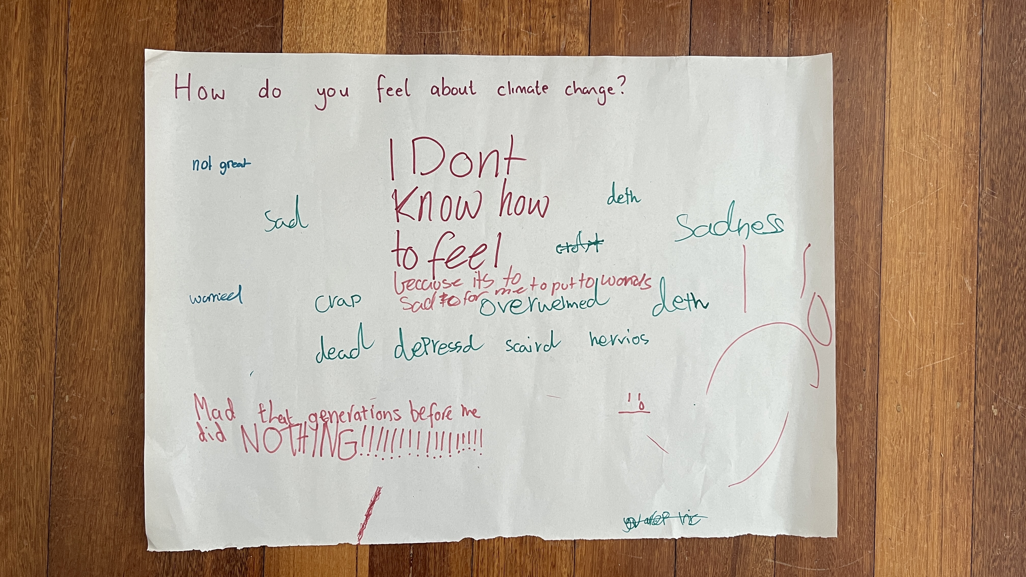 A piece of paper with lots of handwritten words on it that are about how kids feel about climate change