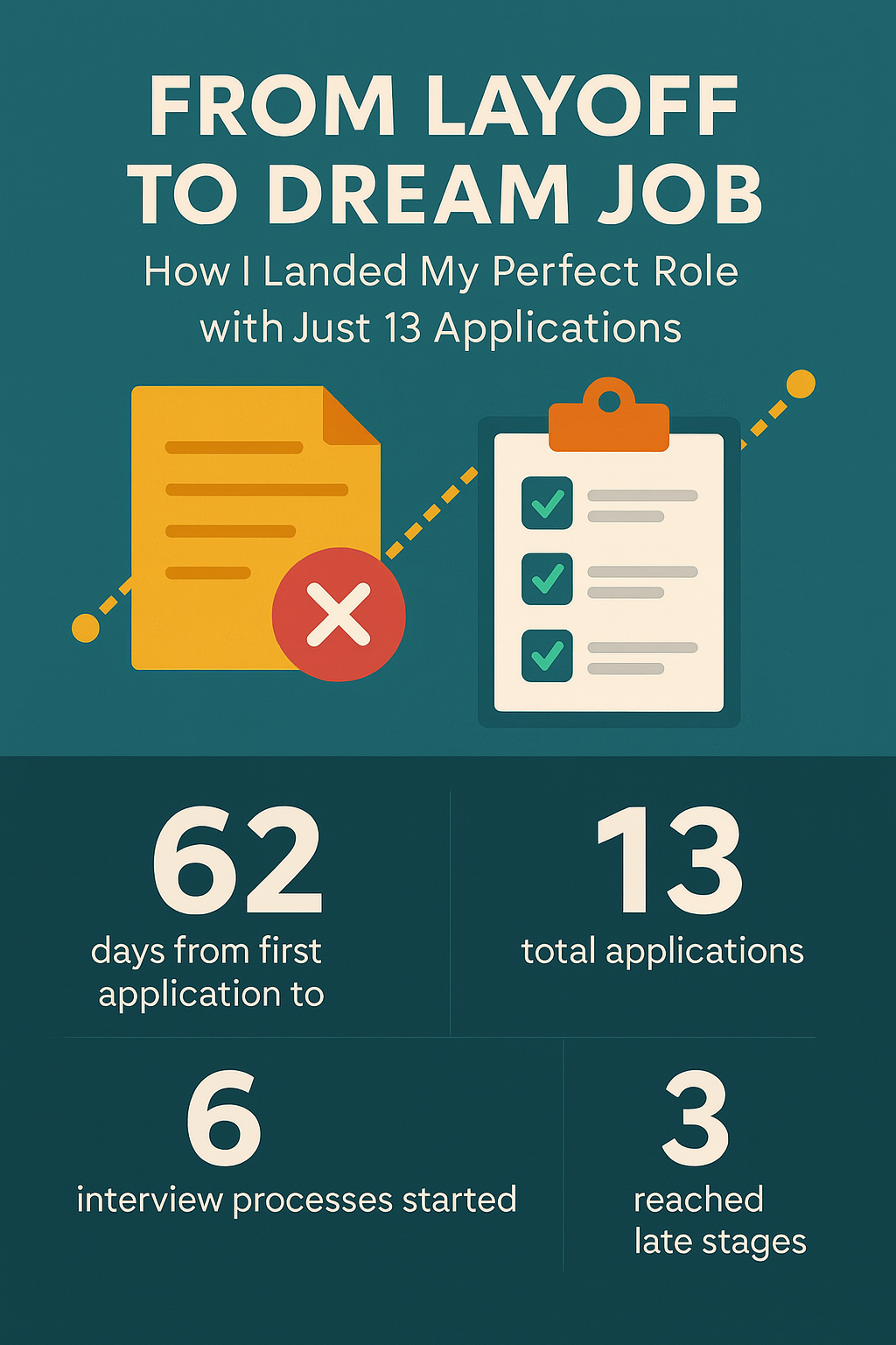 Infographic illustrating a job seeker's journey from layoff to dream job with only 13 applications, featuring key stats on interview stages and strategic job search tips against a teal background.