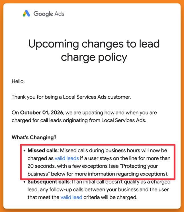 google lsa email announcing new policy