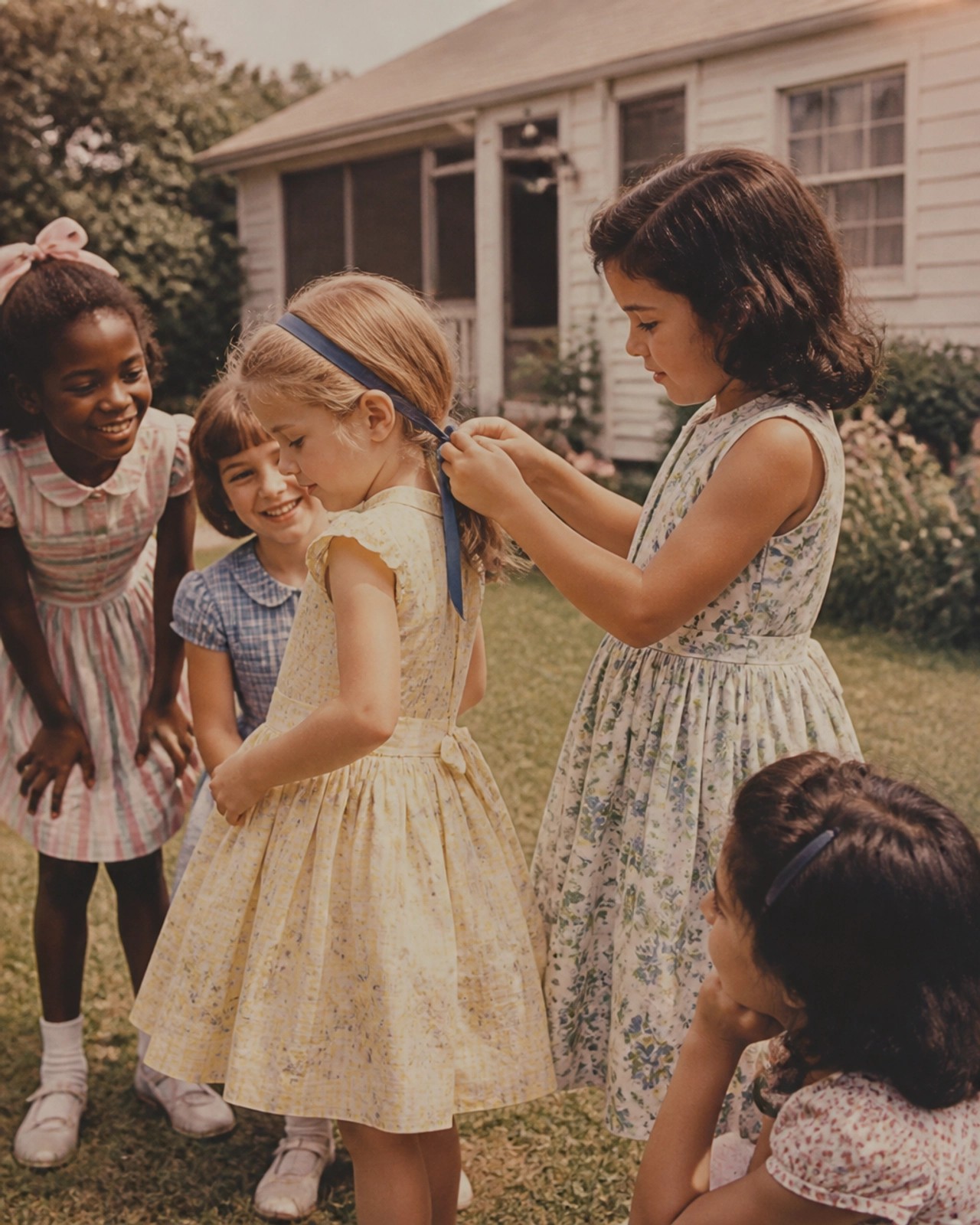 A vintage-style photo of a group of young children playing together in a warm, cluttered kitchen, capturing the energy of a 1950s home-based childcare.
