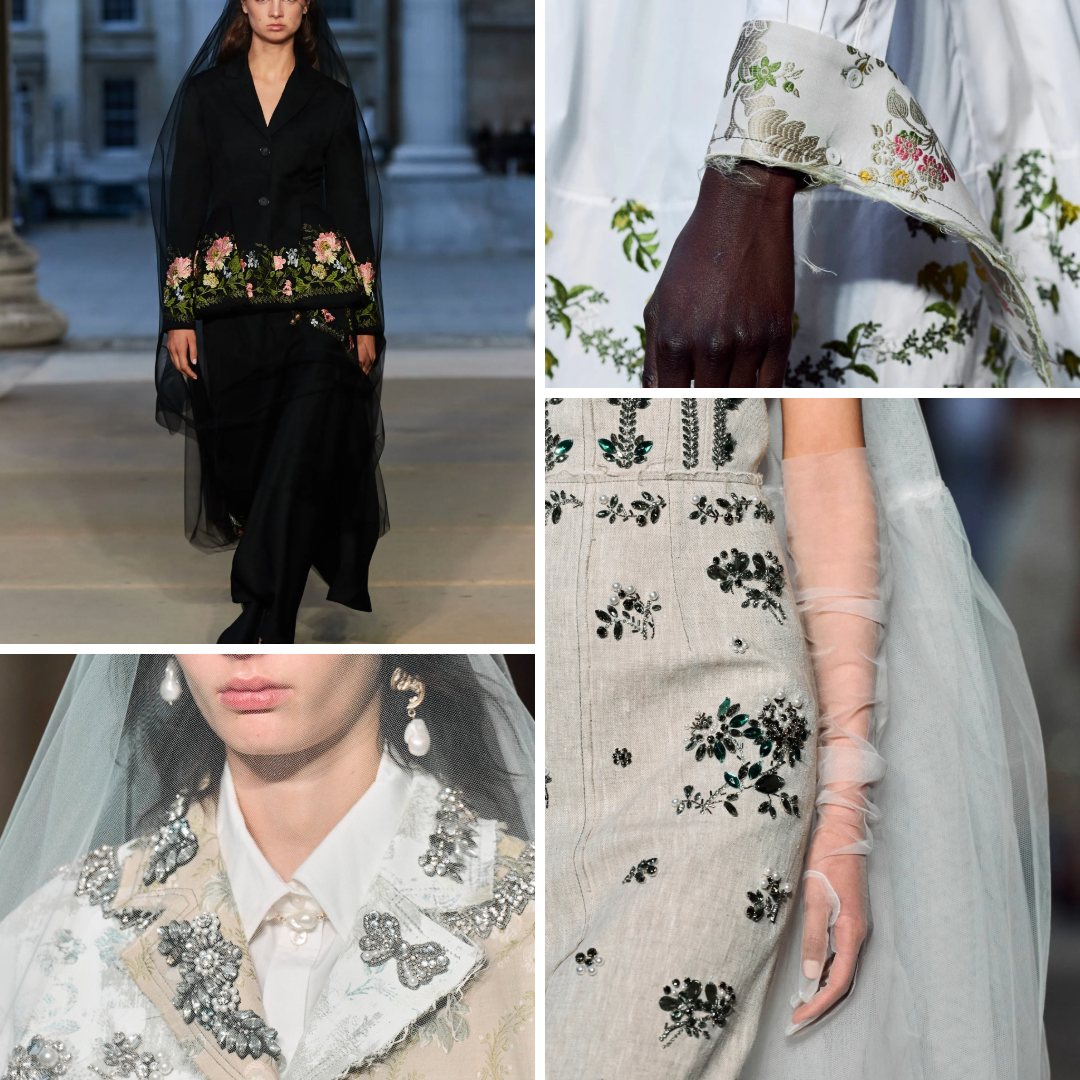 Details from Erdem’s Spring/Summer 2023 collection, featuring sheer veils, archival-style floral embroidery, pearl brooches, and garments inspired by museum conservation and posthumous royal memory.