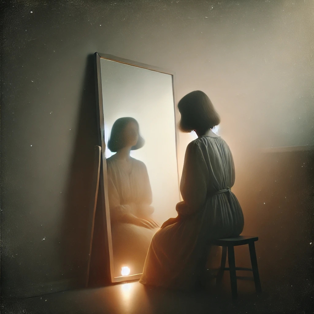 Femme assise face à un miroir embué, représentant symboliquement la honte et une image de soi floue dans le cadre d’une blessure transgénérationnelle