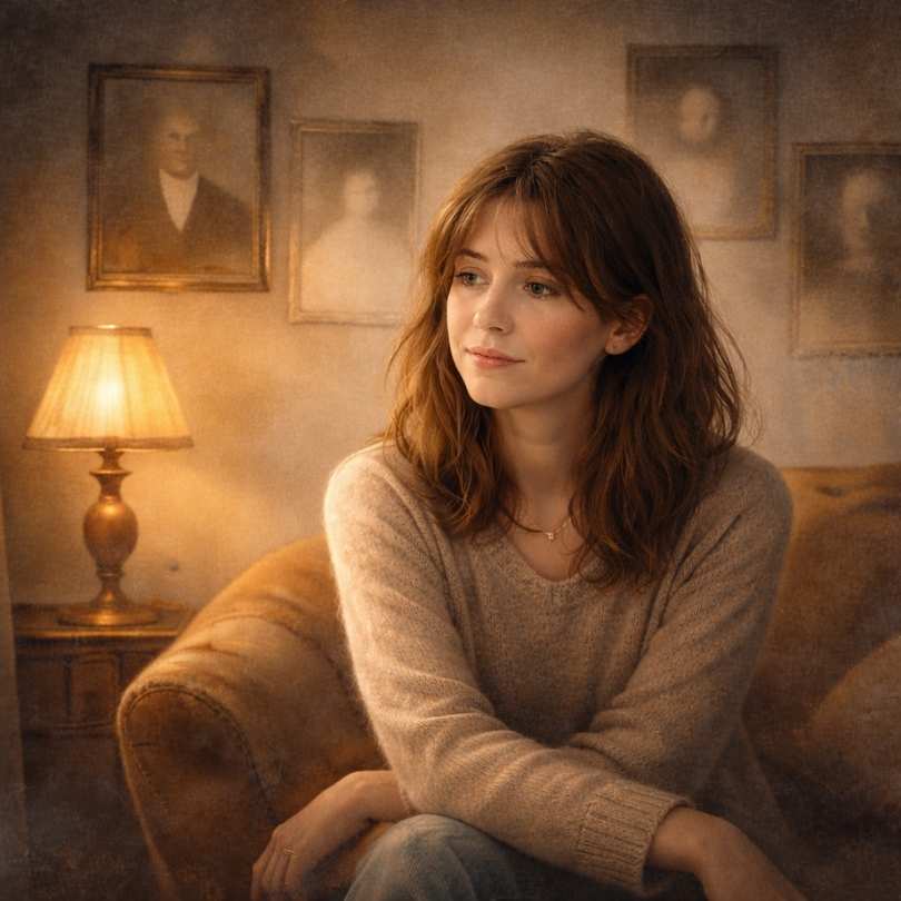 Jeune femme pensive assise dans un salon chaleureux, entourée de portraits anciens flous évoquant les secrets de famille et les non-dits générationnels.