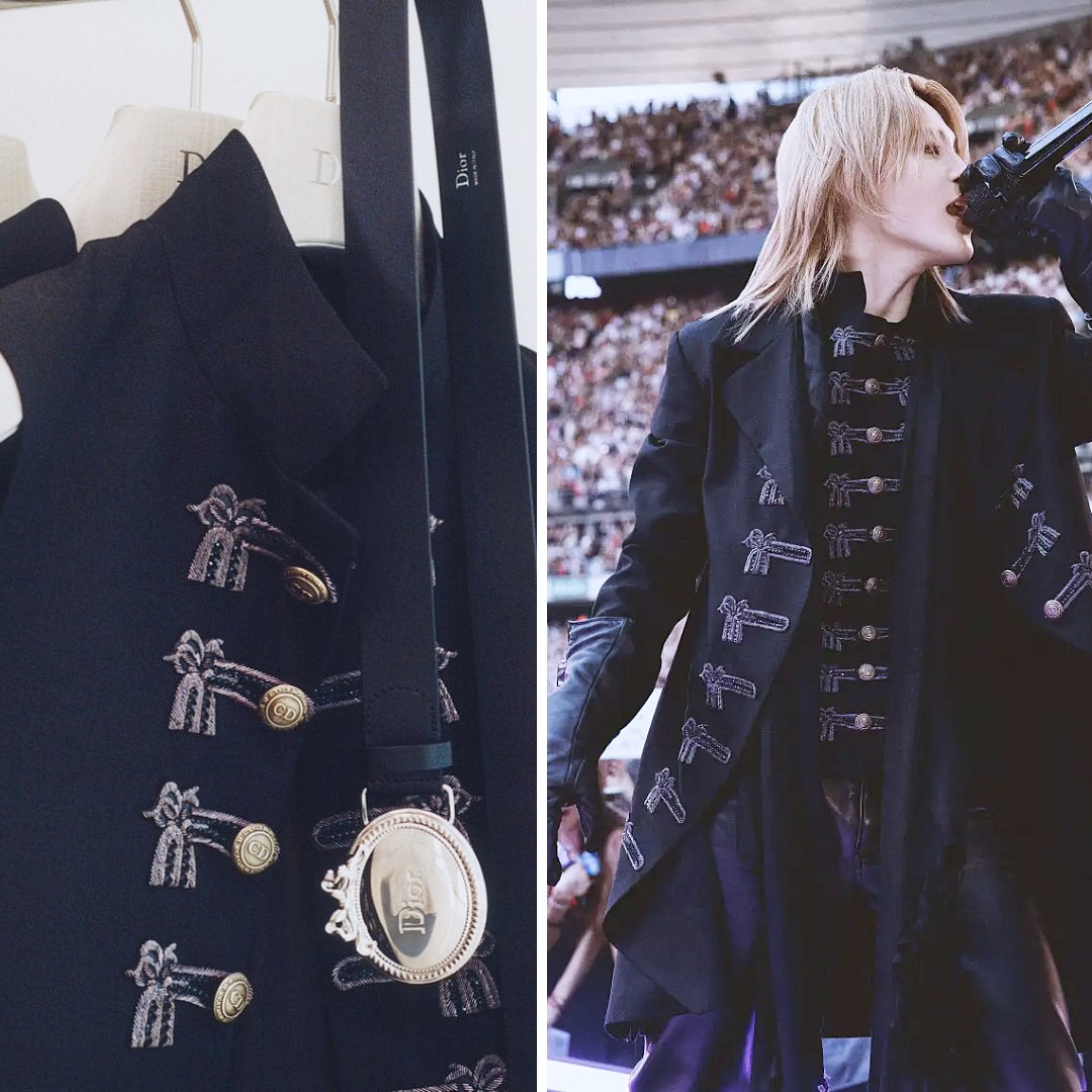Jimin of BTS wearing a black Dior wool jacket and matching waistcoat with tonal Brandebourg embroidery during the ARIRANG World Tour concerts at Stade de France, Paris, July 2026.
