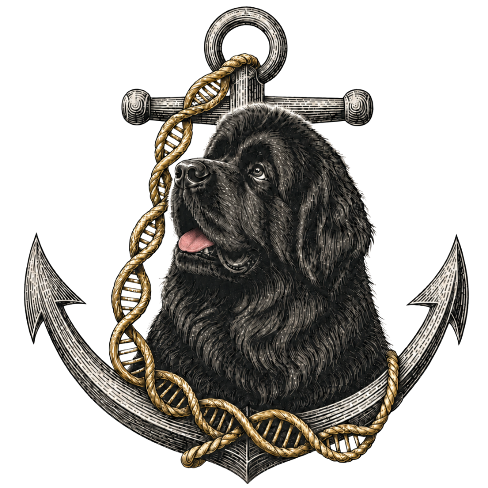 Dog breeding analysis illustration with anchor and DNA representing health, genetics, structure, and pedigree